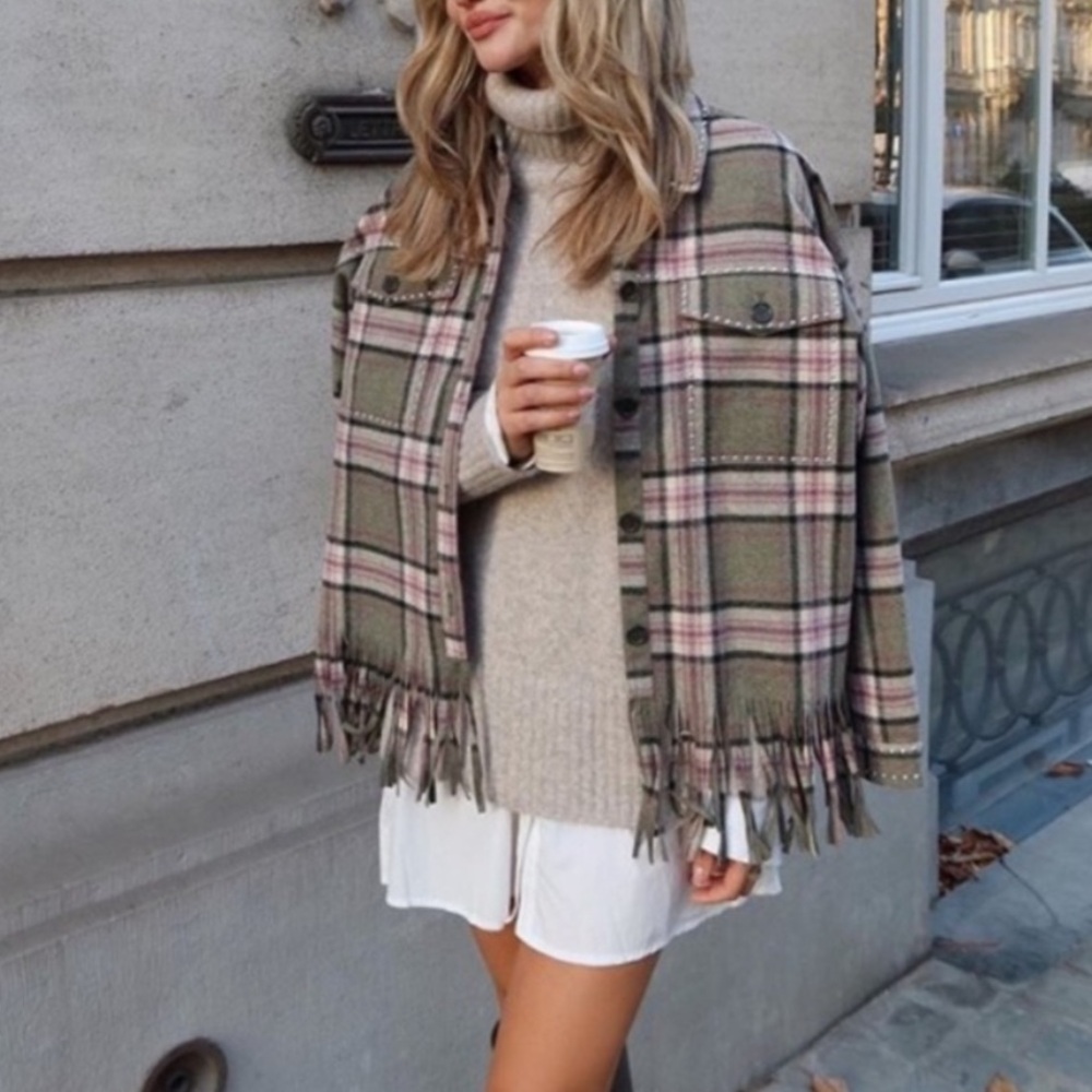 NWT ZARA WOOL GREEN PINK OVERSIZED FRINGE PLAID SHACKET OVER SHIRT JACKET S